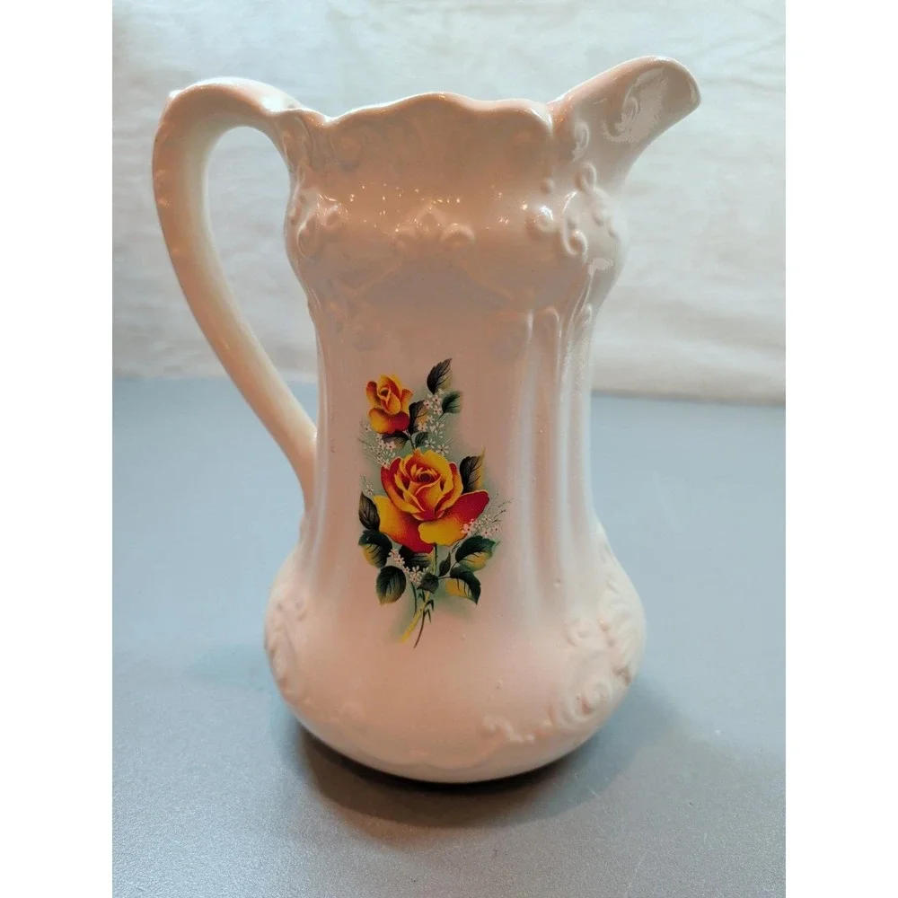 Vintage Ceramic Pitcher and Basin Set Cream Floral Rose Embossed Scroll Detail